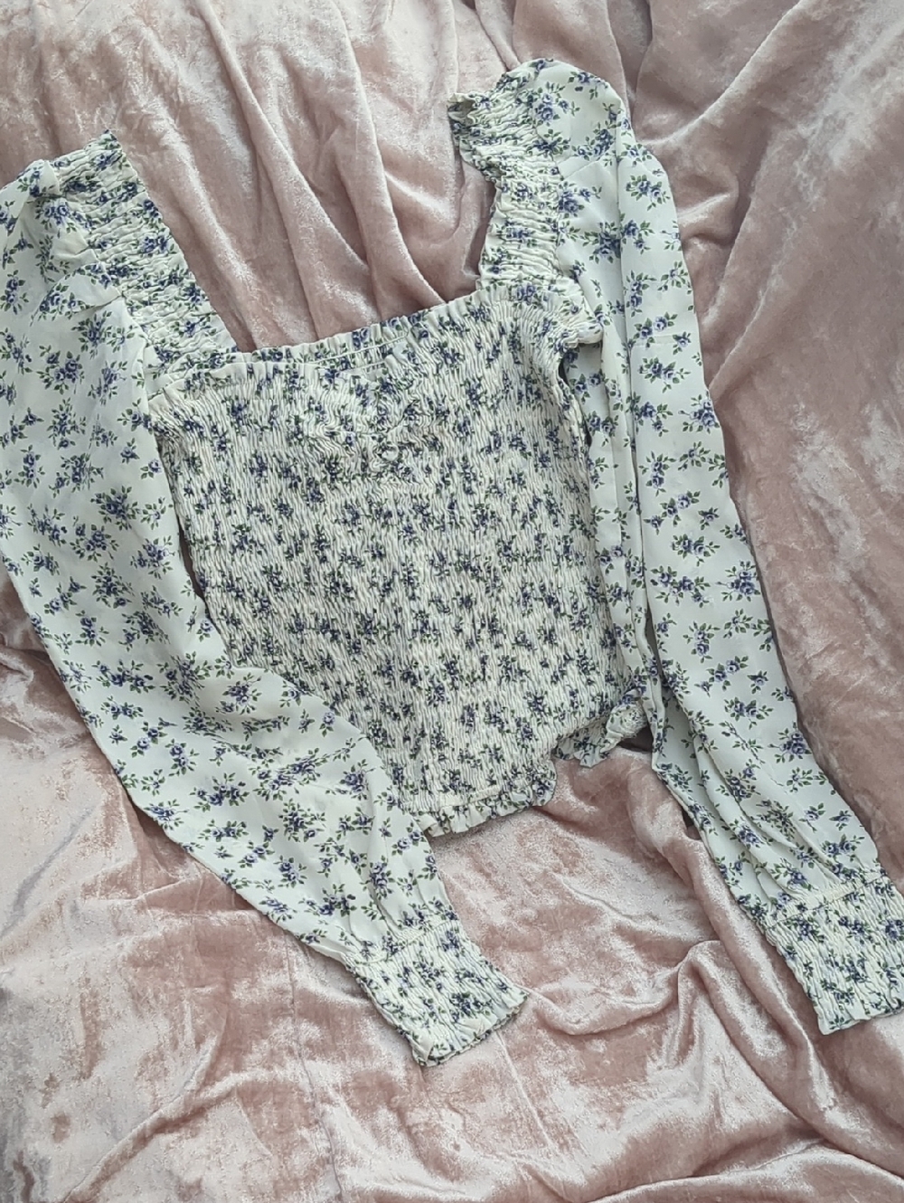 Floral Smocked Square-Neck Blouse in White and Blue